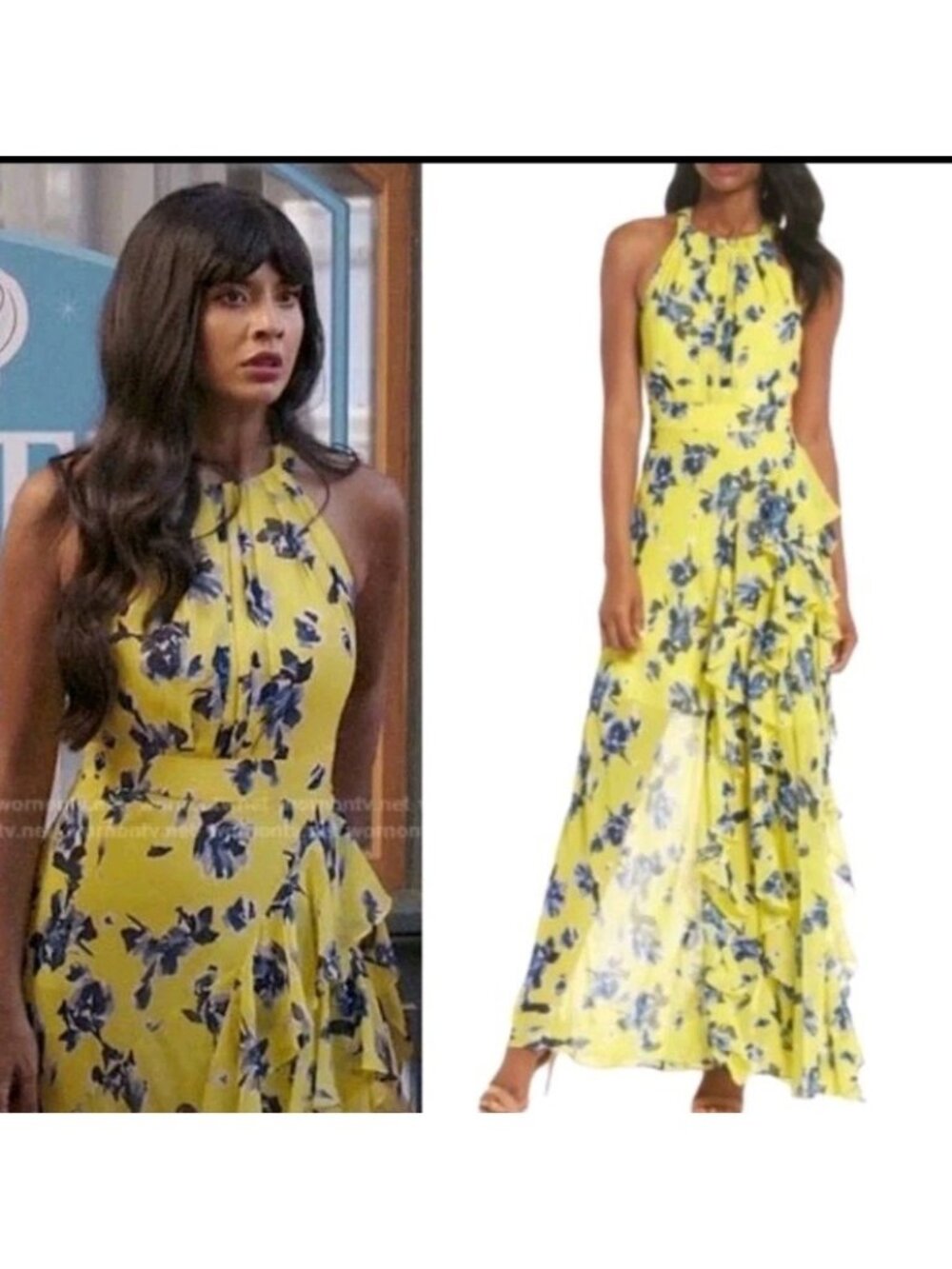 Eliza J Halter Ruffle Maxi Dress Sleeveless Chiffon Gown Yellow Blue 12 Ruffle